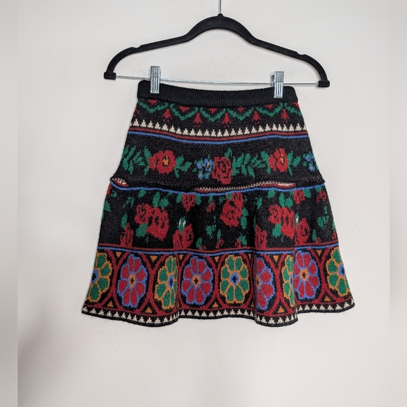 Farm Rio Tapestry Knit Mini Skirt XS Boho Floral Tiered Sweater Skirt - Picture 2 of 7